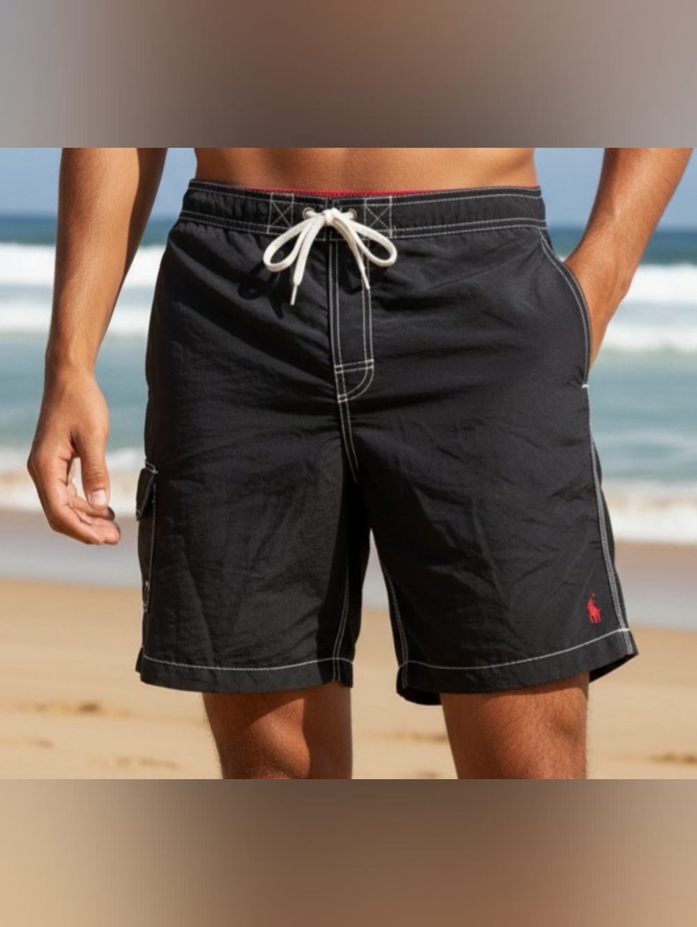 Polo by Ralph Lauren Black Swim Board Shorts with White Drawstring